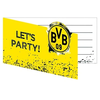 Image of amscan 10263816 9908534 BVB Invitation Cards with Envelopes 13.9 x 8 cm Borussia Dortmund Football Party Fan Birthday Pack of 8, Black/Yellow