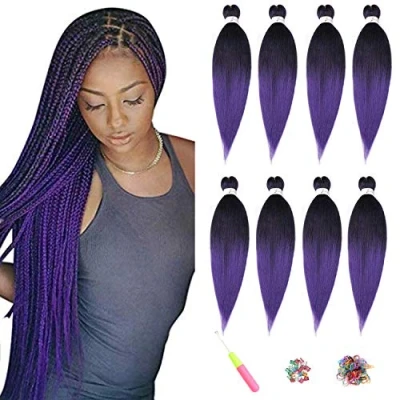 Image of Pre Stretched Braiding Hair ShowJarlly Free Synthetic Fiber Corchet Braids 8Packs/Lot Knotless Extensions Hot Water Soft Setting Crochet (20inch,T1B#PURPLE)