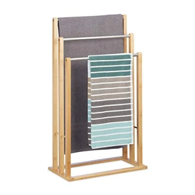 Image of Relaxdays Towel Holder, Freestanding with 3 Rails, for Bathroom, Bamboo &amp; Stainless Steel, HWD: 84 x 48 26 cm, Natural