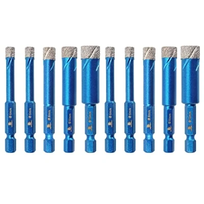 Image of Diamond Drill Bit,BRSCHNITT 10pcs 1/4 5/16 3/8 1/2 Inch Hole Saw Bit for Porcelain Tile Ceramic Stone Granite Marble,Hex Shank Dry Drilling Core Set, 6/8/10/12mm