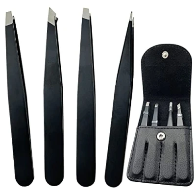 Image of Smukdoo Professional Tweezers for Eyebrows,4 Pcs Eyebrow Set Ingrown Hair Removal Eyelash Extension Eyebrows Plucking Tweezers(Black)