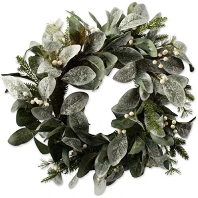 Image of SHATCHI 55cm Natural Looking Artificial Snowy Leaves, White Berries and Glittered Flowers Wreath Front Door Hanging Christmas Wedding Xmas Decorative Garland, Green