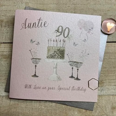 Image of WHITE COTTON CARDS Happy 90th Birthday Card Auntie Champagne Glasses Pink &amp; Gold Sparkly Cake SS42 AIE90