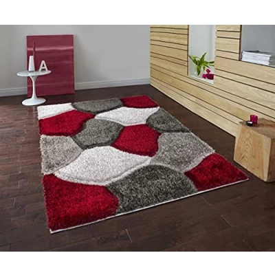 Image of Modern Area Rug, Polypropylene Geometric Super Soft Shaggy Rectangular Mat, for Bedroom, Living Room, Long Hall Runner Carpet, Red Grey, 120x170