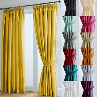Image of John Aird Luxury Faux Silk Fully Lined Pencil Pleat Curtains With Matching Tie Backs (Yellow, 168cm Width x 183cm Drop (66&quot;x72&quot;)