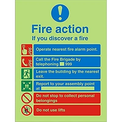 Image of Seco Fire Action If You Discover A With Do Not Use Lifts Warning Sign, 200mm x 300mm Photoluminescent 1mm Semi Rigid Plastic