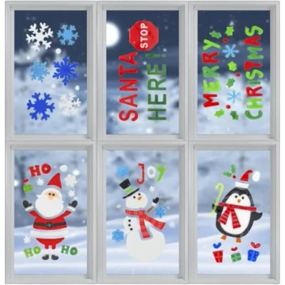 Image of Christmas Window Gel Stickers Decorations, Clings Reusable Xmas Decals (6Pk Windows Stickers)