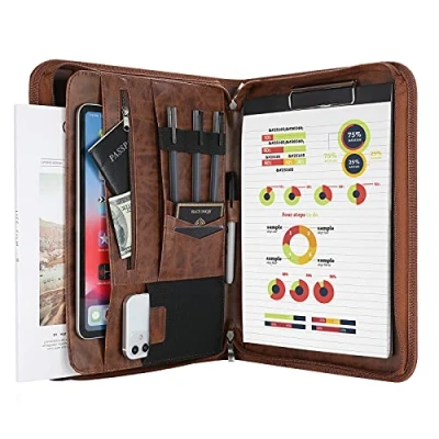 Image of ProCase Portfolio Business Padfolio Folder with Zipper, Conference Meeting Executive File Legal Document Organizer Pockets Letter Size A4 Writing Pad Notepad for Father&#039;s Day Brown