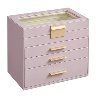 Image of SONGMICS Jewellery Box with Glass Lid, 4 Tier Organiser, 3 Drawers, for Sunglasses, Big Jewellery, Storage, Modern Style, Lavender Purple and Gold Colour JBC161P01