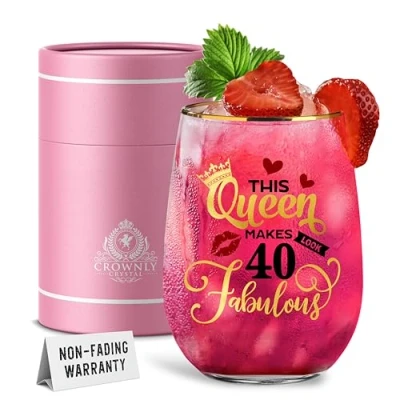 Image of CROWNLY CRYSTAL® 40th Birthday Gifts for Women Gin Personalised Stemless Wine Glasses Decorations Sister Cool