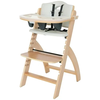 Image of Abiie Beyond Junior Wooden High Chair with Tray Convertible Baby Highchair Adjustable for Babies/Toddlers/6 Months up to 250 Lb Stain &amp; Water Resistant Natural Wood/Dove Grey Cushion