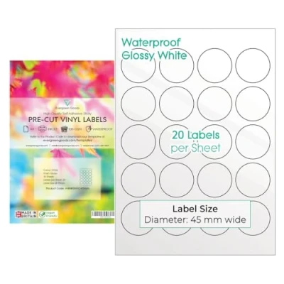 Image of Evergreen Goods™ A4 Round Precut Sticker Labels Waterproof Glossy White 45mm (20 per Sheet, 200 in Total) 10 Sheets Inkjet Laser Printable Sticky Back Self Adhesive Circular Circle Vinyl
