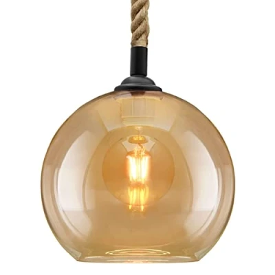 Image of Vintage Industrial Ceiling Rope Pendant Light Glass Globe Lamp Shade Amber Smoked H3007