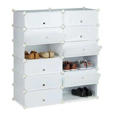 Image of Relaxdays Plastic Shoe Cabinet, Rack, 12 Compartment Shelving Unit, HWD: 108 x 94 37 cm, White