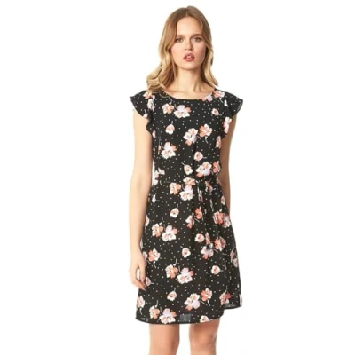 Image of Roman Originals Women Floral Spot Frill Sleeve Shift Dress Ladies Casual Spring Summer Mothers Day Easter Garden Party Short Cap Knee Length Round Neck Dresses Black Size 20