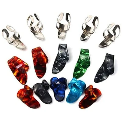 Image of Alnicov 15pcs Metal Celluloid Finger Pick Thumb Set Guitar Picks with 15 Grid Case Storage Box