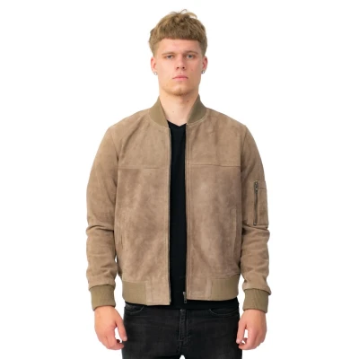 Image of Mens Sand Goat Suede Bomber Jacket Real Genuine Leather MA 1 Varsity Retro L