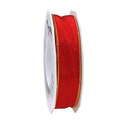 Image of Präsent Manhattan Wired Taffeta Ribbon Red Gold 25 m Roll mm width