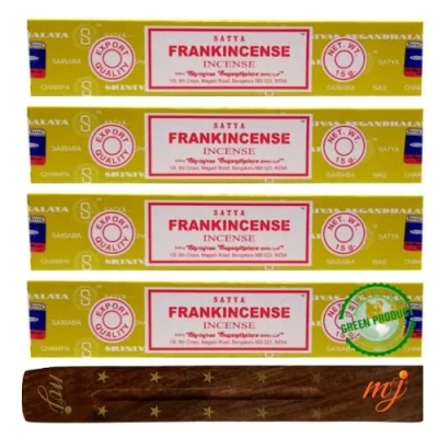Image of Original Satya Nag Champa Frankincense incense sticks with M&amp;J holder x4 pack for Aromatherapy, Spa, Yoga, Weddings, Meditation, Healing, Positivity and Relaxation