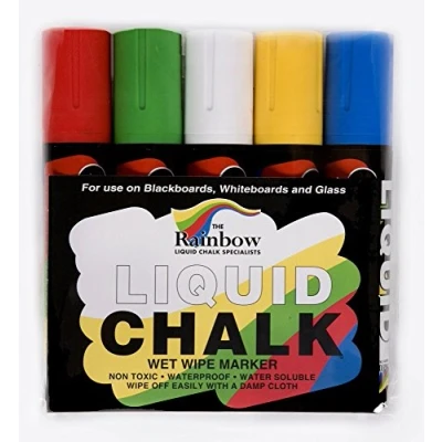 Image of Liquid Chalk Marker Pens Large 5 Pack Assorted 15mm Wet Wipe Erasable Pen. Rain Proof For Inertior And Exterior Use On Chalkboards Blackboards Menus