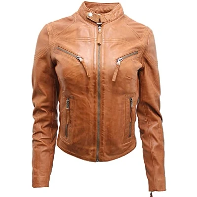 Image of Women&#039;s Classic Tan Real Leather Biker Moto Fashion Slim Fit Jacket 2XL