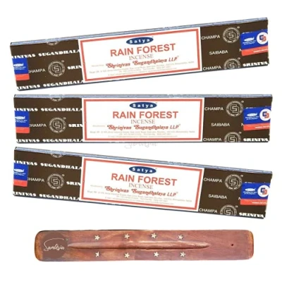 Image of Satya Nag Champa Rain Forest incense sticks x3 pack with SAMASIA holder Used for Aromatherapy, Spa, Yoga, Weddings, Meditation, Healing, Positivity and Relaxation