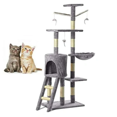 Image of Cat Tower Multi Level Tree Scratching Post Activity Center Pet Scratcher House Indoor Condo Furniture with hanging toys Grey