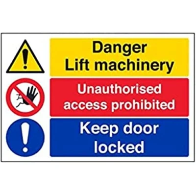 Image of VSafety Lift Machinery/Unauthorised Access/Keep Door Locked Sign Landscape 300mm x 200mm 1mm Rigid Plastic