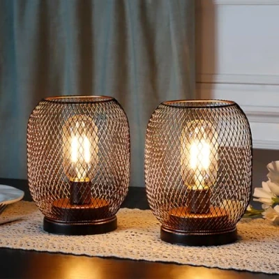 Image of JHY DESIGN Set of 2 Bedside Lamps Battery Powered, Table lamp 17cm High Vintage Cage for Living Room Bedroom Home Weddings Balcony Party Lounge Indoor Hallway Garden (Round Shape)