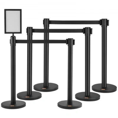 Image of VEVOR Crowd Control Stanchions, 6 Pack Barriers, Carbon Steel Baking Painted Stanchion Queue Post with Sign Holder &amp; 3PCS 6.5FT Retractable Belt, Belt Barrier Line Divider, Easy Assembly