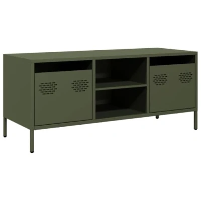 Image of vidaXL TV Cabinet Stand Olive Green, Cold Rolled Steel, 101.5x39x43.5 cm, Industrial Style, Ample Storage with 2 Drawers &amp; Compartments, Adjustable Feet