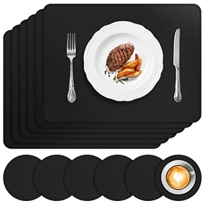 Image of APLKER Placemats and Coasters Set of 6, Heat Insulation PU Leather Table Mats Waterproof Washable Dining Place for Kitchen Indoor Outdoor Party Black