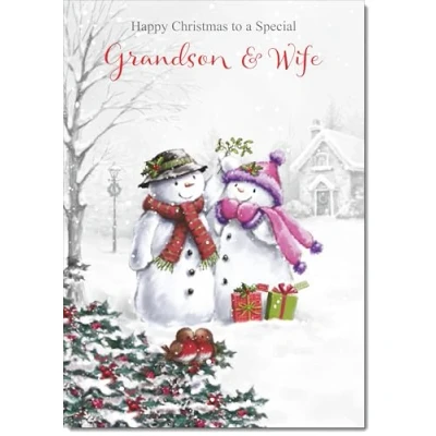 Image of doodlecards Grandson and Wife Christmas Card Two Snowmen Medium Size for &amp; with Plain Envelope
