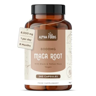 Image of Maca Root Capsules 8000mg 240 Vegan 8 Month Supply High Strength Peruvian Ginseng for Men and Women Black &amp; Yellow Herbal Booster not Tablets Alpha Foods