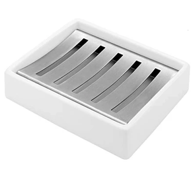 Image of MUAMAX Soap Dish for Bar Soap, Ceramic Shower Dish, Self draining Tray,Soap with Drain Bathroom Saver Tray Holder Kitchen Sponge