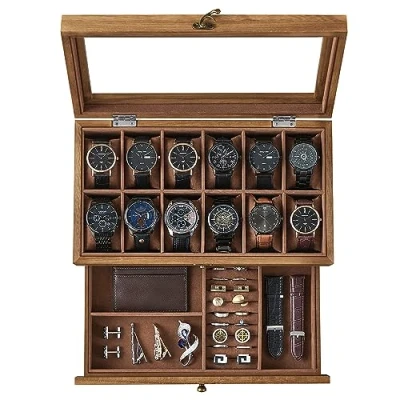Image of SONGMICS Watch Box with 12 Slots, 2 Tier Wood Case Large Glass Lid, Pillows, Velvet Lining, Jewellery Box, Gift for Loved Ones, Rustic Walnut JOW012K01