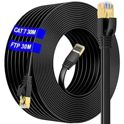 Image of Ethernet Cable 30m Cat 7 Outdoor &amp; Indoor, SSTP High Speed Internet Flat 600MHz 10Gbps, Anti Oxidation Waterproof Long 30m, RJ45 Lan Cable(30 Free Clips), For Router/Modem/Switch