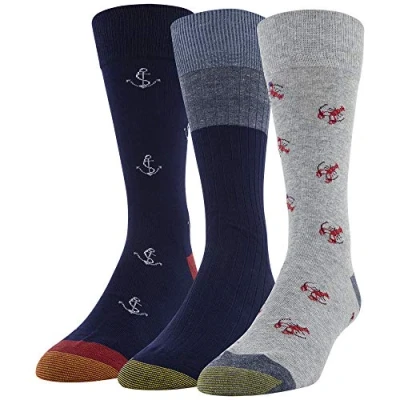 Image of Gold Toe Men&#039;s Timeless Classics Crew Socks, 3 Pairs, Grey Lobsters/Peacoat Rib/Peacoat Anchors, Large (Pack of 3)