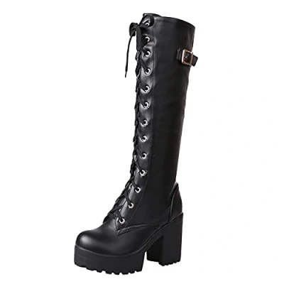 Image of Womens Platform Knee High Boots Punk Goth Lace up Wedge Chunky Heel Mid Calf Shoes Ladies Faux Leather Motorcycle