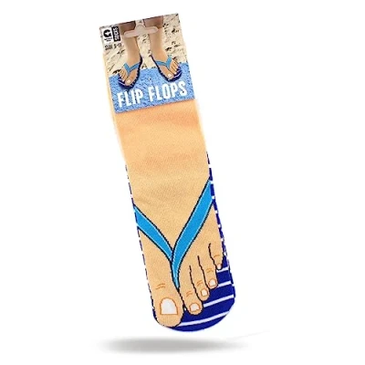 Image of Ginger Fox Blue Flip Flop Socks For Men Funny Novelty Sock Gift Him Machine Washable Fits Male UK Size 5 11 Get That Holiday Feeling All Year Round Keep Your Toes Comfy