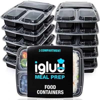 Image of Igluu Meal Prep 3 Compartment BPA Free Reusable Containers Plastic Food Storage Trays with Lids Microwavable, Freezer and Dishwasher Safe Stackable Bento Lunch Boxes (32 oz, 10 Pack)