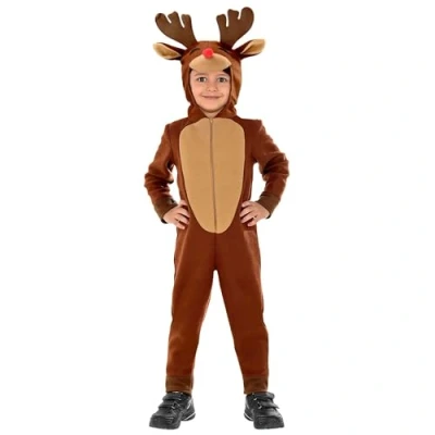 Image of Widmann 03249 Kinderkostüm Rentier Children&#039;s Costume Reindeer Hood Plush Jumpsuit, Hat, Headwear, Deer, Christmas, Carnival, Theme Party, Multicoloured, 104 (EU)