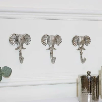 Image of Melody Maison Set Of 3 Silver Elephant Head Wall Hooks