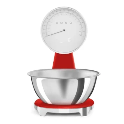 Image of Smeg KSF01RDWW 50&#039;s Style Analogue and Rechargeable Digital Kitchen Scales with removeable stainless steel bowl, four units of measurement LCD display, Red