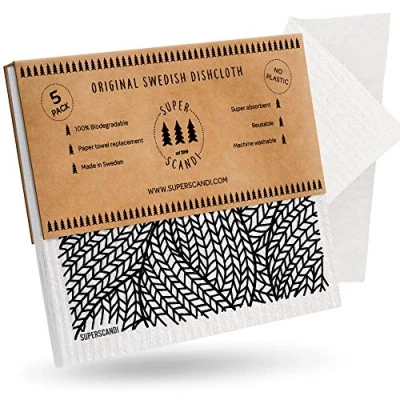 Image of SUPERSCANDI Line Knitting Black 5 Pack (3 Patterned, 2 White) Swedish Dishcloths Eco Friendly Reusable Sustainable Biodegradable Cellulose Sponge Cleaning Cloths Paper Towel Replacement Washcloths