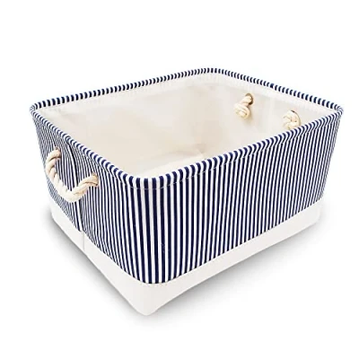 Image of Mangata Washable Collapsible Thickened Canvas Fabric Storage Box with Handles (Large, Blue Stripe)
