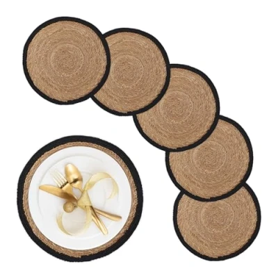 Image of Relaxdays Place Mat Set, 6x Coaster, Tableware, Table Protector, Round, Ø 37 cm, Water Hyacinth Material, Natural/Black, Plant fibre