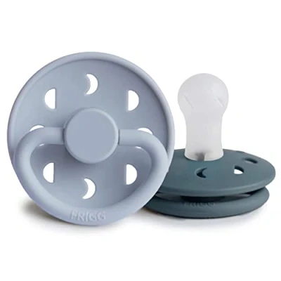 Image of FRIGG Moon Phase Silicone Pacifier Pack of 2 Soother Dummy BPA Free Made in Denmark Symmetrical Cherry Shaped Nipple (Powder Blue/Slate (0 6 Months))