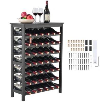 Image of VEVOR 42 Bottle Modular Wine Rack, 7 Tier Solid Bamboo Wood Storage Racks with Table Top, Floor Freestanding Wines Holder Display Shelf, Wobble Free Shelves for Kitchen, Bar, and Cellar (Black)