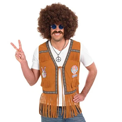 Image of Fun Shack Hippie Waistcoat Men, Brown Costume, Hippy Fancy Dress 60s Mens Costume Men Large